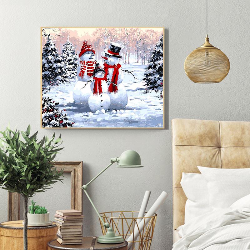Ruopoty 5D DIY Picture By Numbers Winter Landscape Wall Art HandPainted Unique Gift Paint By Number Snowman Christmas Gift