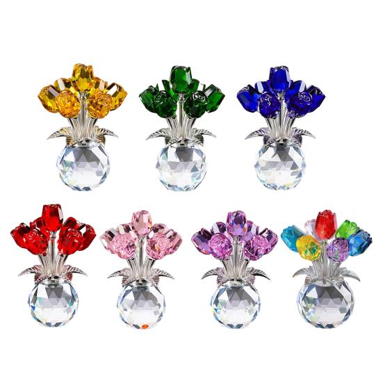Faux Crystal Rose Flower Ornament Handmade Bouquet Figurine Mini Flower Vase Decoration Wife Girlfriend Women Wedding Anniversary Birthday Gift