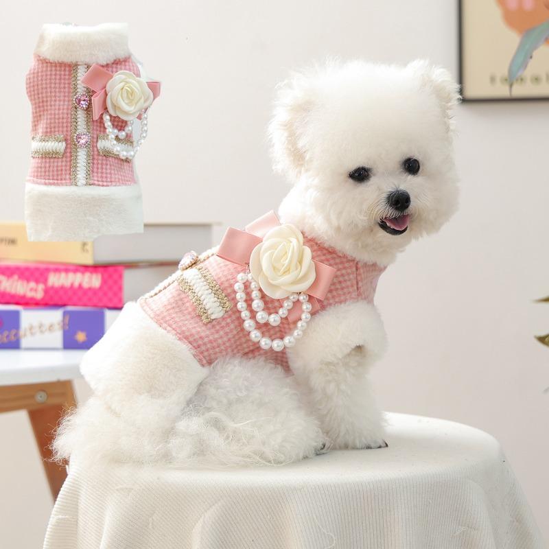 Dog Fragrance Coat Pet Clothes Autumn Winter Velvet Thickened Warm Vest ForDog Cat Pink Fragrant Flower Pearl Sleeveless Clothes