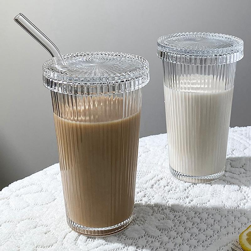 Vertical Stripe Glass Cup Transparent Glasses With Lid and Straw Ribbed Mugs For Latte Juice Glass Milk Water Cup Ice Coffee Mug
