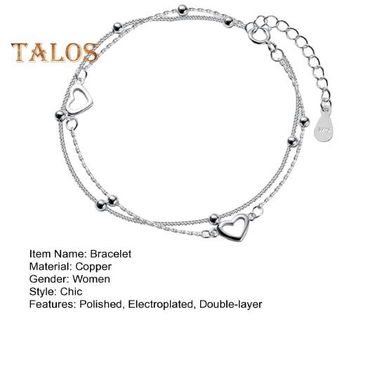 Women Bracelet Silver Color Polished Electroplated Double-layer Copper Hollow Heart Pendant Wrist Jewelry Anniversary Birthday Gift Prom Party