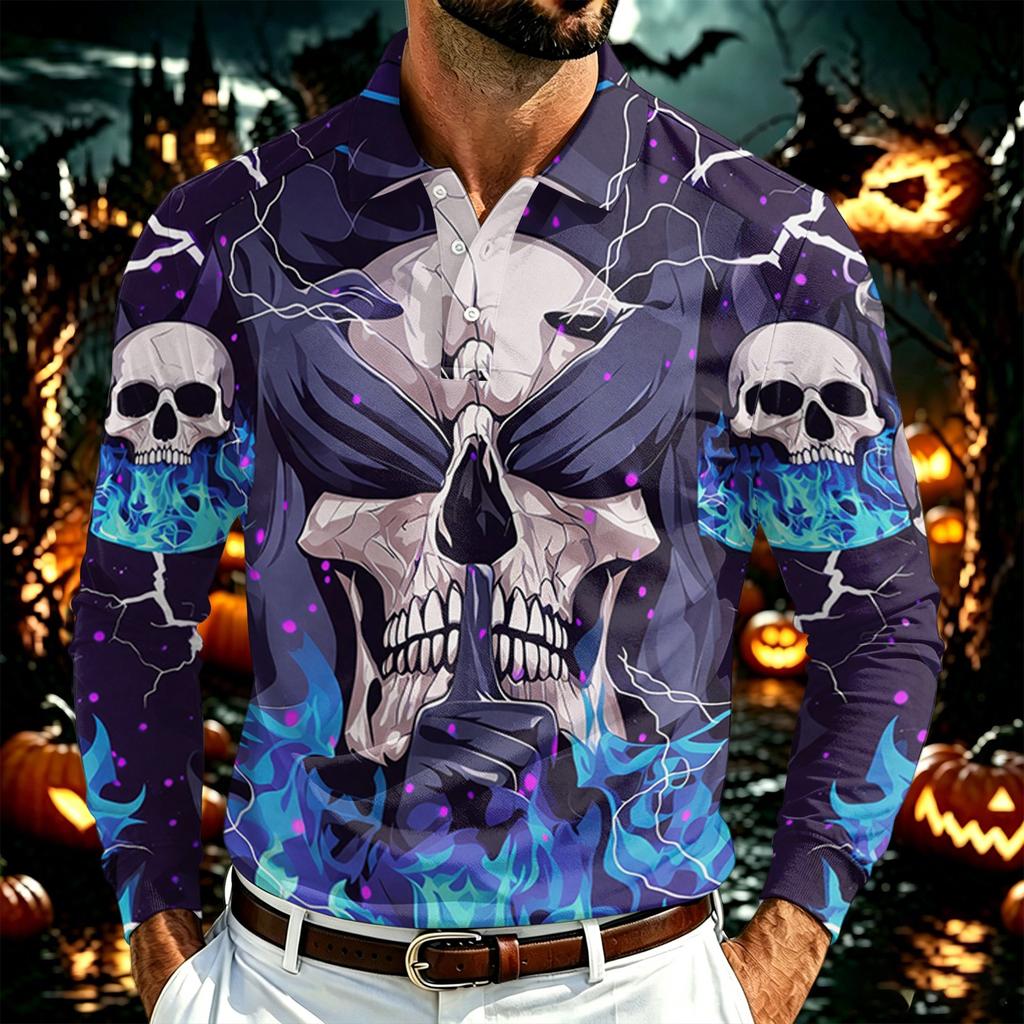 Men's Long Sleeve Mesh Shirt with Collar and Halloween Print Lightweight Breathable Top for Fall
