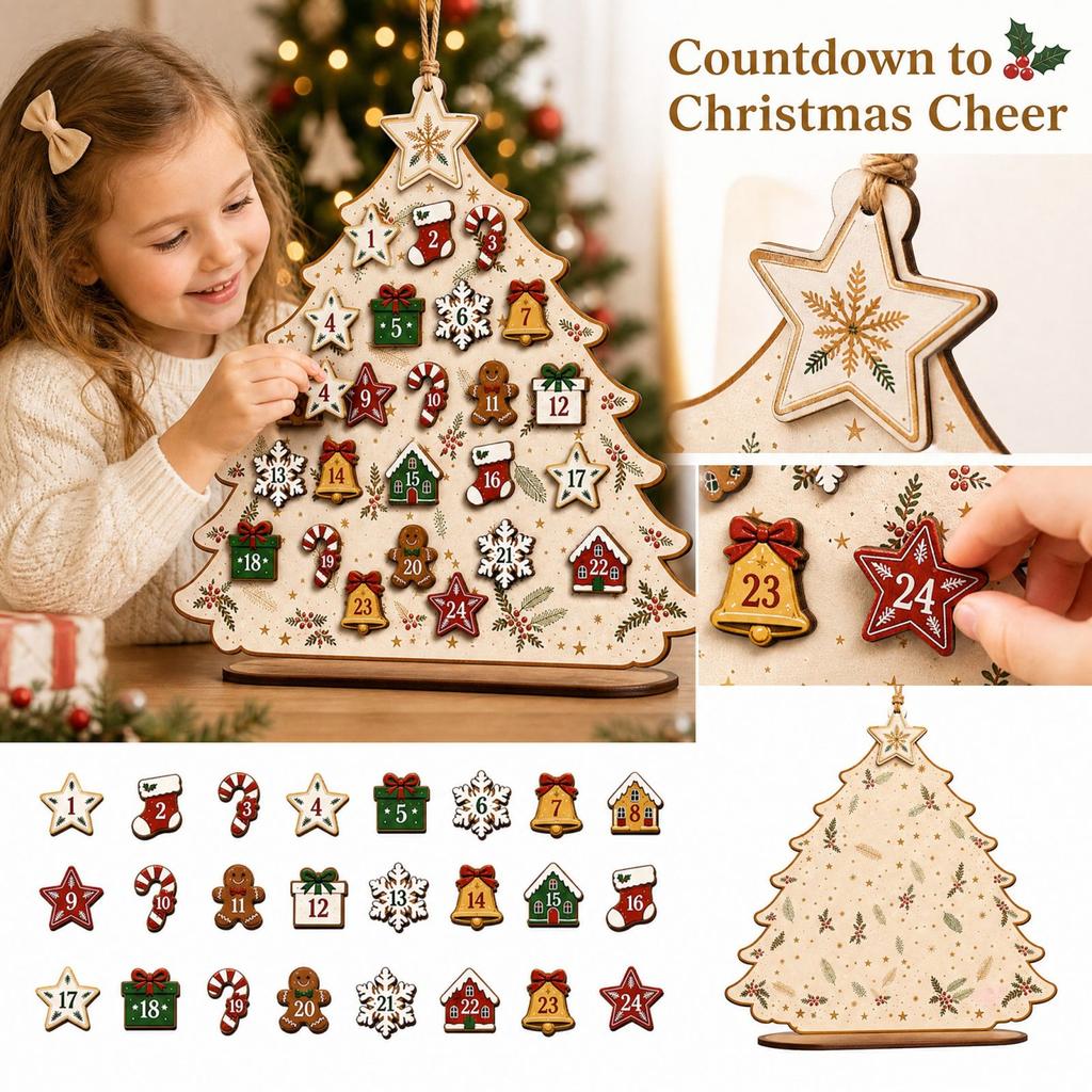 Wooden Christmas Tree Advent Calendar Hanging Decoration with Days Countdown for Holiday Home Decor