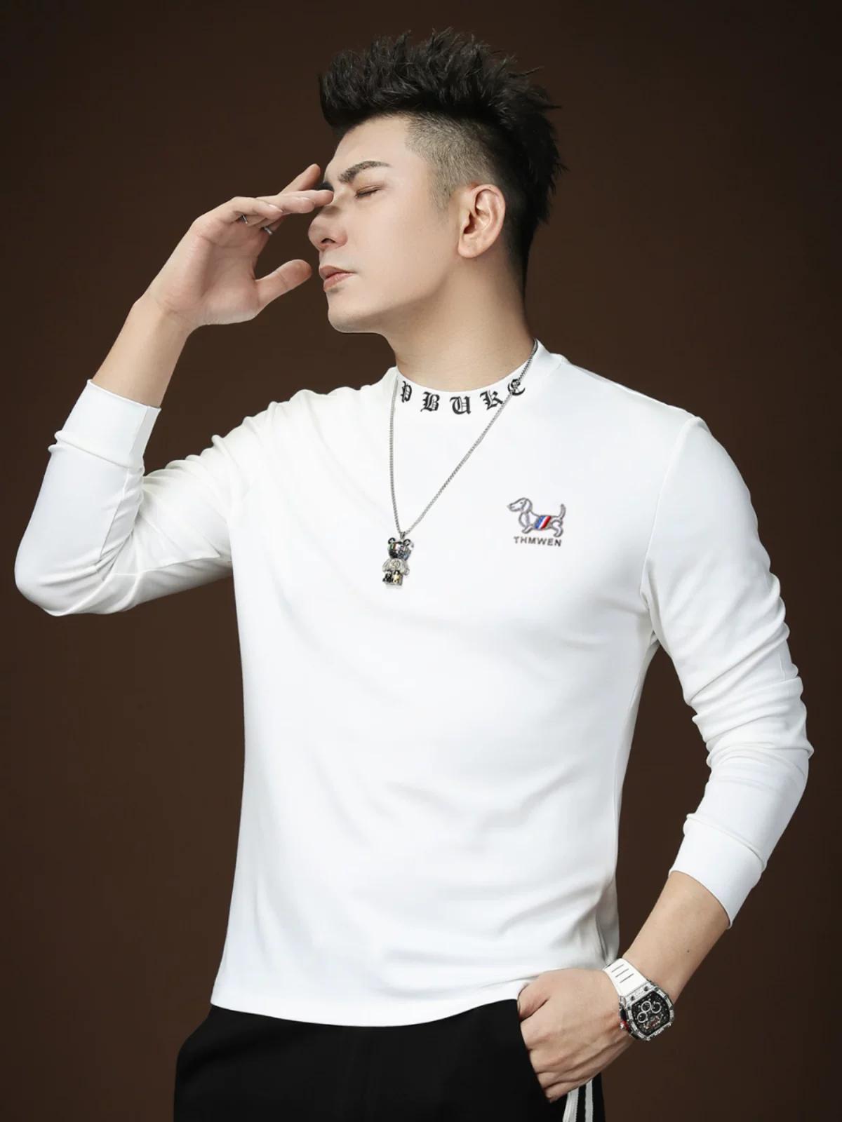 

European Trendy Brand Men s Clothing Half-High Collar Letter Print Base Shirt Men s New Autumn Top High-End Long-Sleeve T-Shirt 4XL чёрный