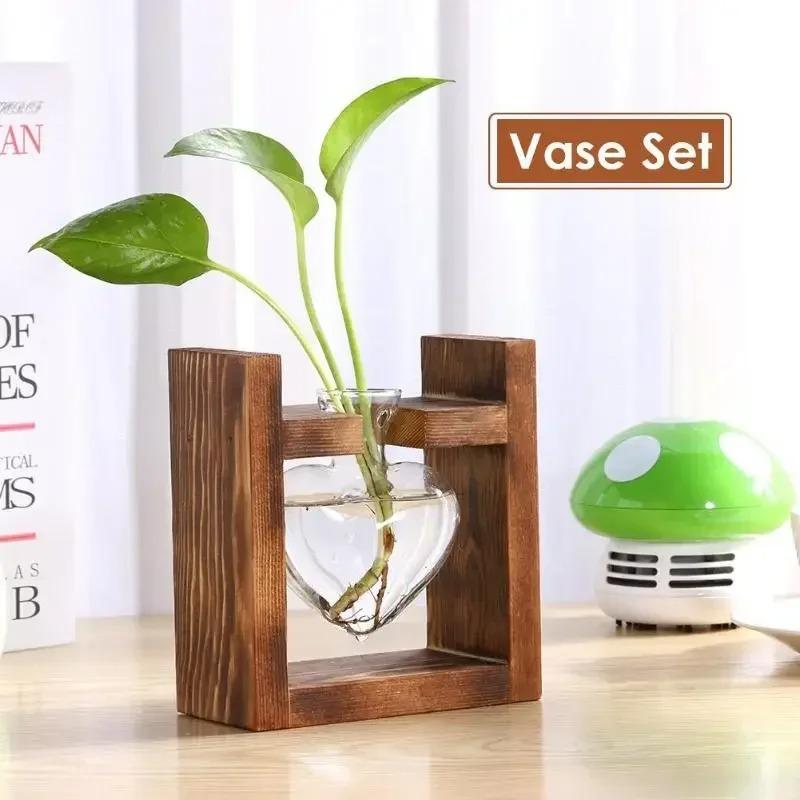 Bonsai Heart Shape Home Decoration Wedding Vase Wooden Frame Glass Vase Hydroponic Plant Vase Vintage Flower Pot Table Desktop