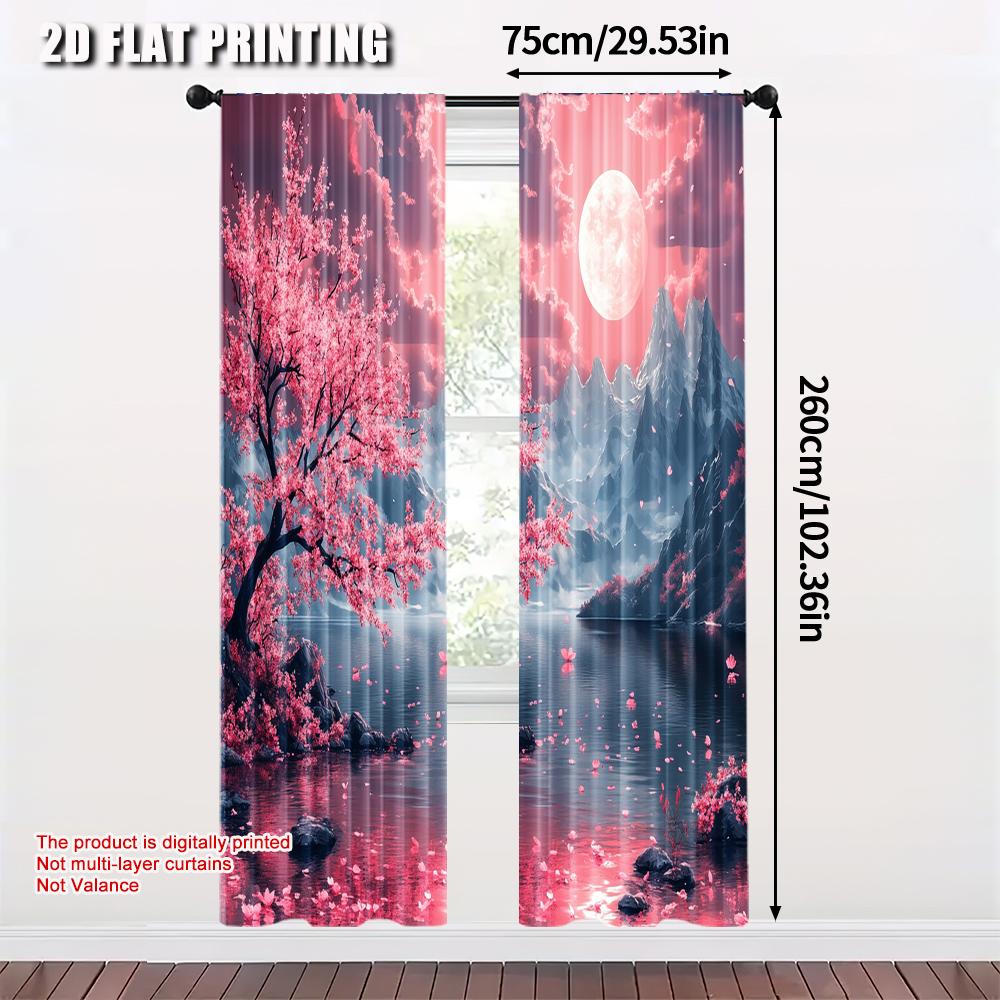 2pcs   Curtain Popular 2D print Cherry Blossom Moon Versatile 100% Polyester (without rod) Stuff Clearance Ldeal for Living Room