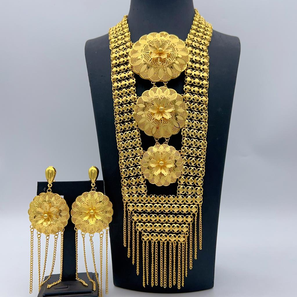 Nahöstlich Arabisch Vergoldet 24k Gold Hohl Blume Ohrringe Halskette Set Dubai Braut Hochzeit Schmuck
