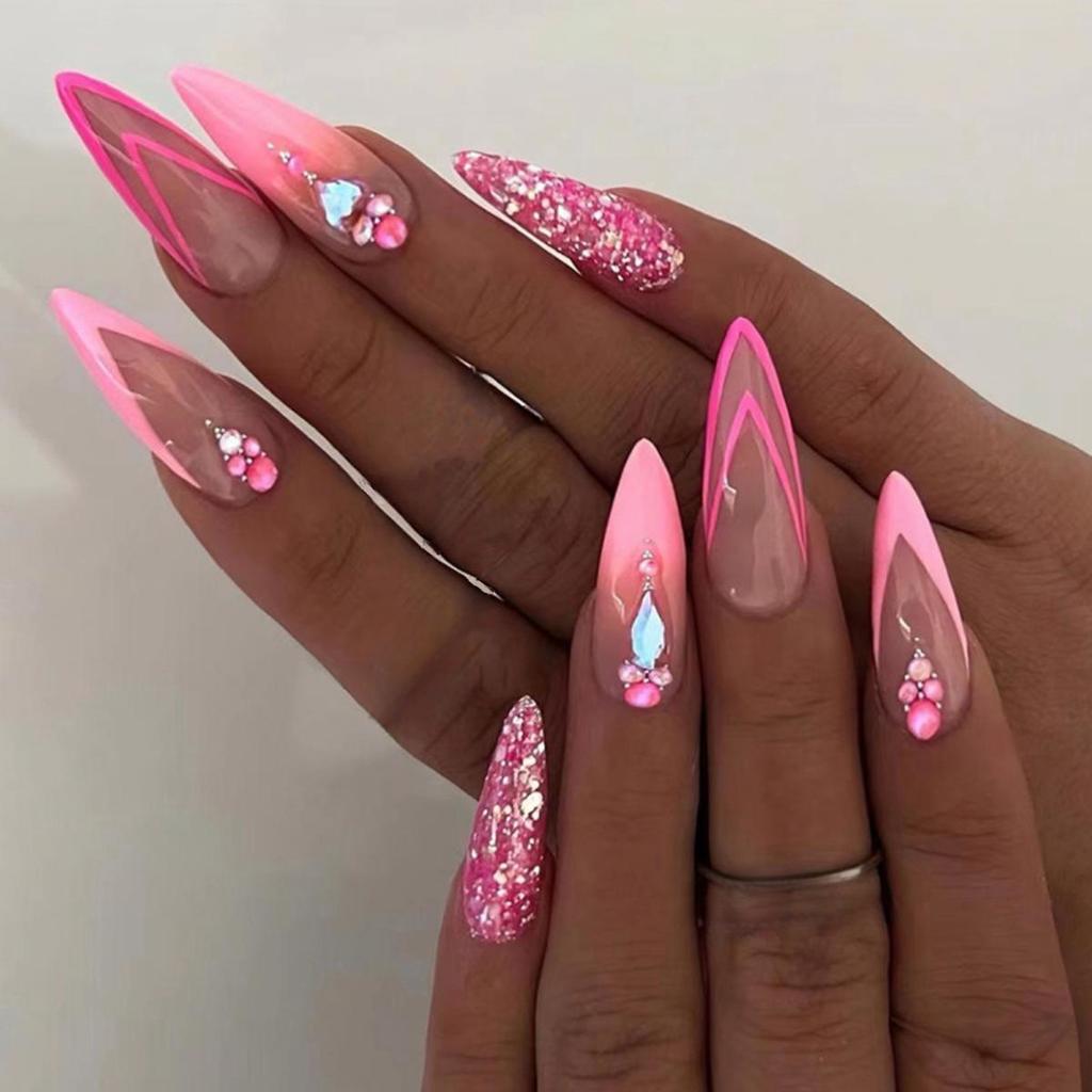 Nail Art Indossabile Unghia Rosa Francese Glitter Esplosivo Glitter Diamante Patch Unghia Finta