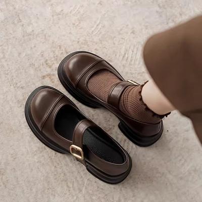 British Style Small Leather Shoes Women'S Retro Versatile Medium High Heel Black Platform One-Pedal Loafers