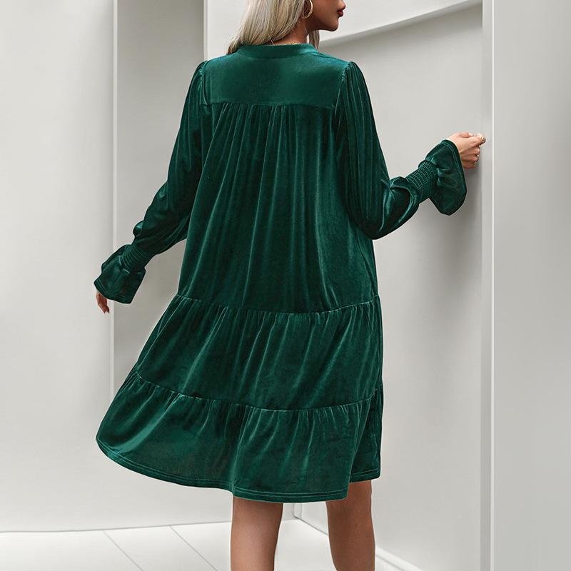 Amazon Europe and the United States cross-border foreign trade women's clothing autumn atmosphere elegant skirt V-neck ruffle edge velvet dress
