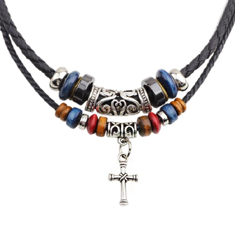 Ethnic Jewelry Leather Tribal Necklace with Crucifix Pendant for Women Men Gift