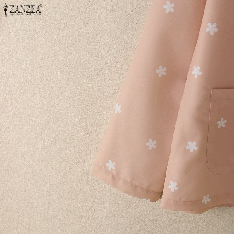 ZANZEA Bluză lejeră cu mânecă lungă, cu imprimeu liber, cu guler răsturnat