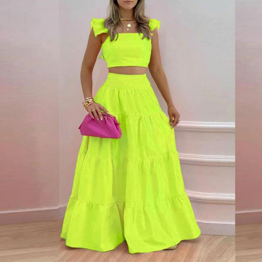 Damen Locker Sitzendes Zweiteiliges Passendes Set Ärmelloses Rüschen Crop Top Elastischer Hoher Bund Stufenrock Maxirock Anzug