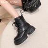 Damen Stiefeletten Plateau Mittelhohe Absätze Designerschuhe Schnürstiefel Motorradstiefel Trend Winter Neue Marke Goth Botas De Mujer