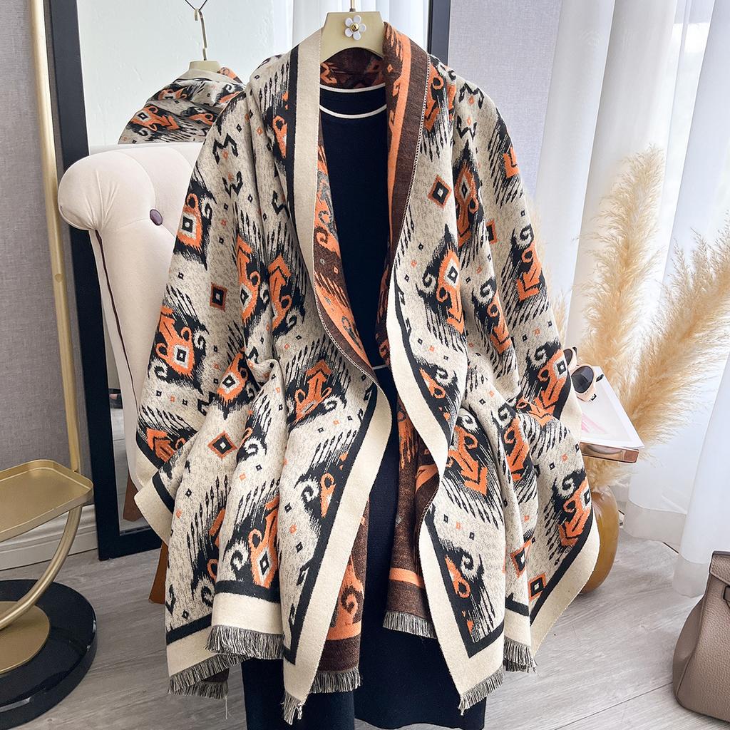 Retro Printing Fashion Imitation Cashmere Scarf Women's Winter Versatile Double-sided Thickened Student Scarf Dual-purpose Shawl Outside