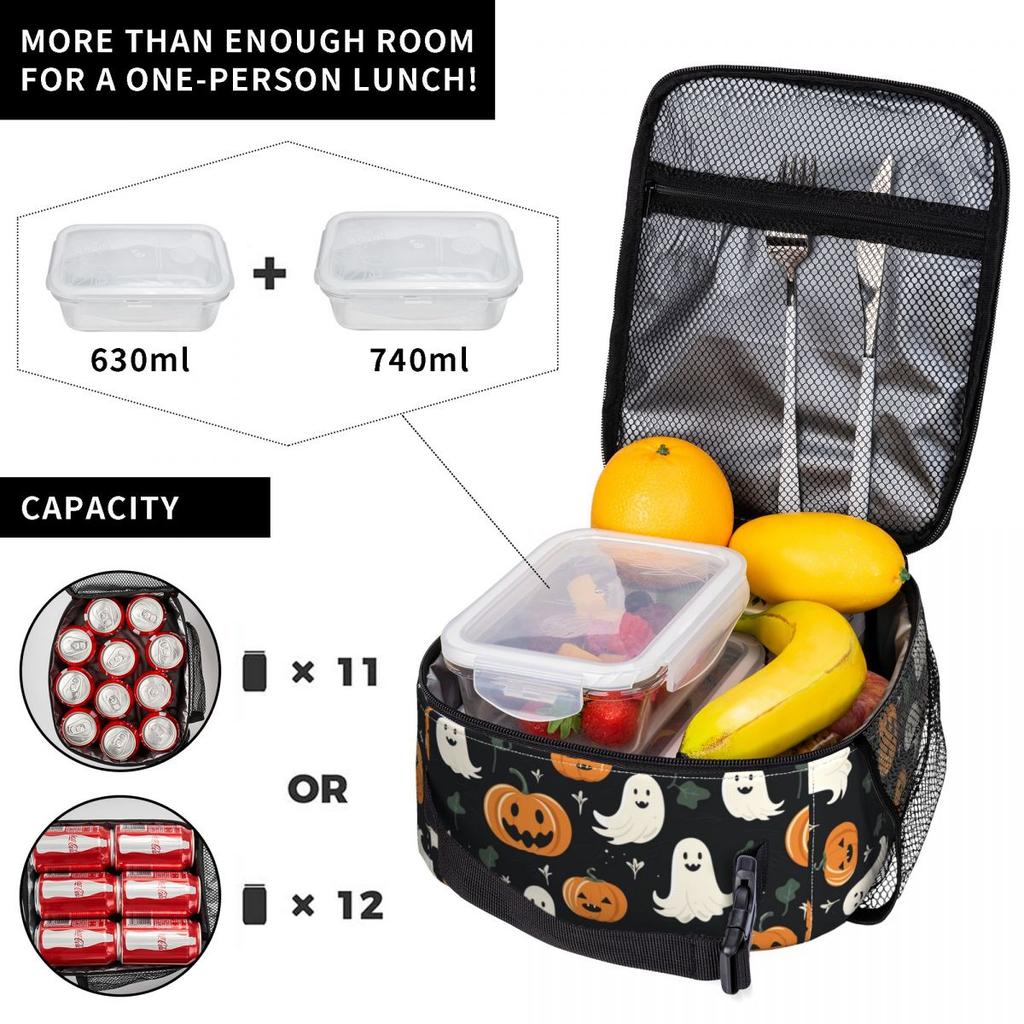 Pumpkin And Ghost Halloween Pattern Insulated Lunch Bag for Women Kids Portable Food Boxes Thermal Lunch Box Tote