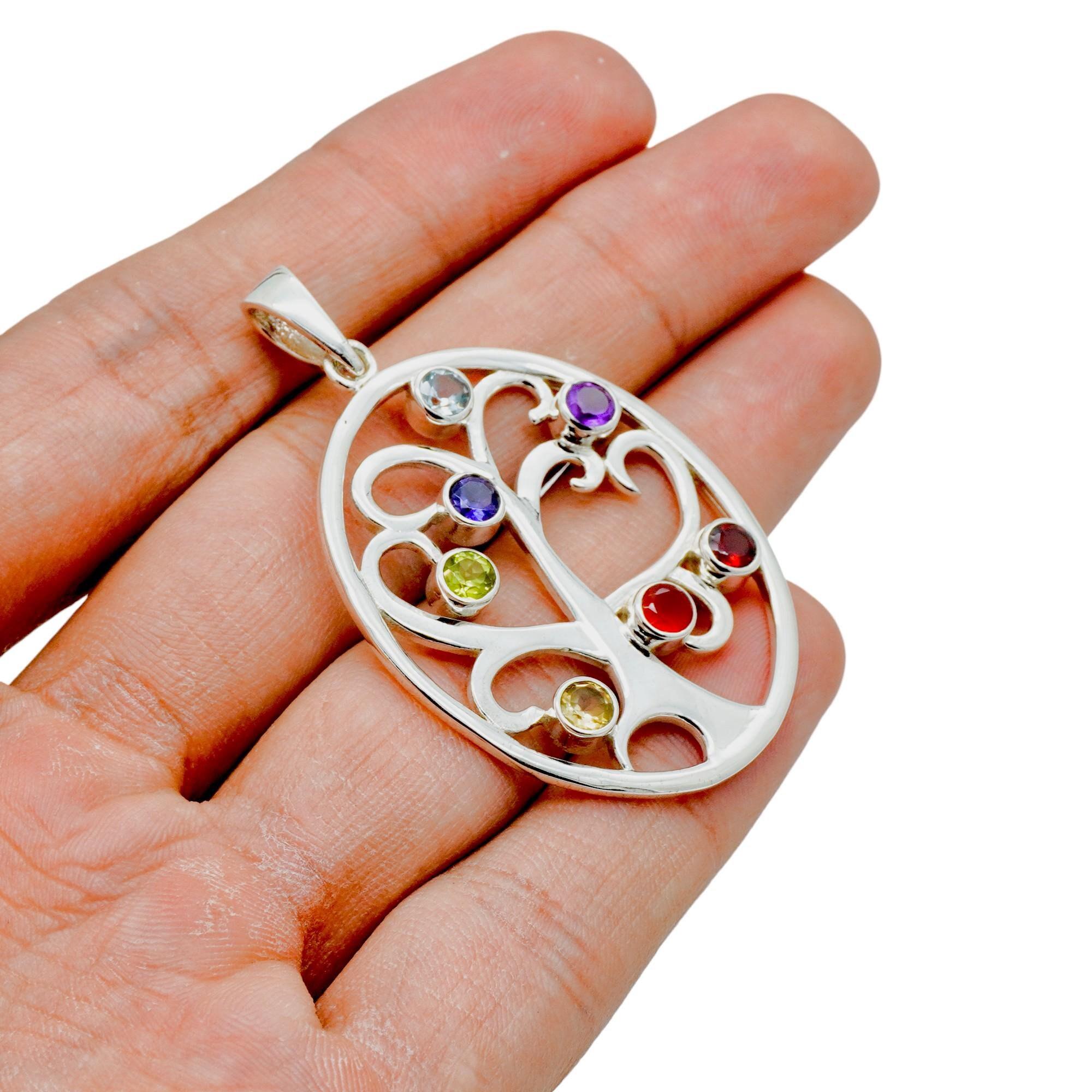 Sterling Silver Chakra Pendant: Multi-Gemstone Healing Jewelry onesize серебряный
