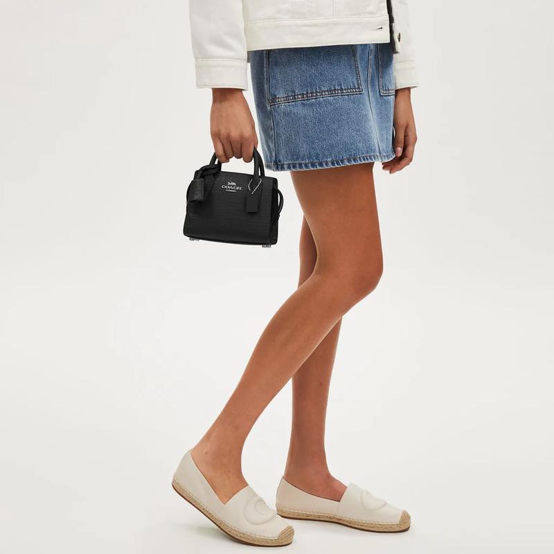 Coach Andrea 15 Logo Logo Internal Multi-Function Pocket Crocodile Embossed Leather Shoulder Crossbody Handbag Mini Women's Silver and Black
