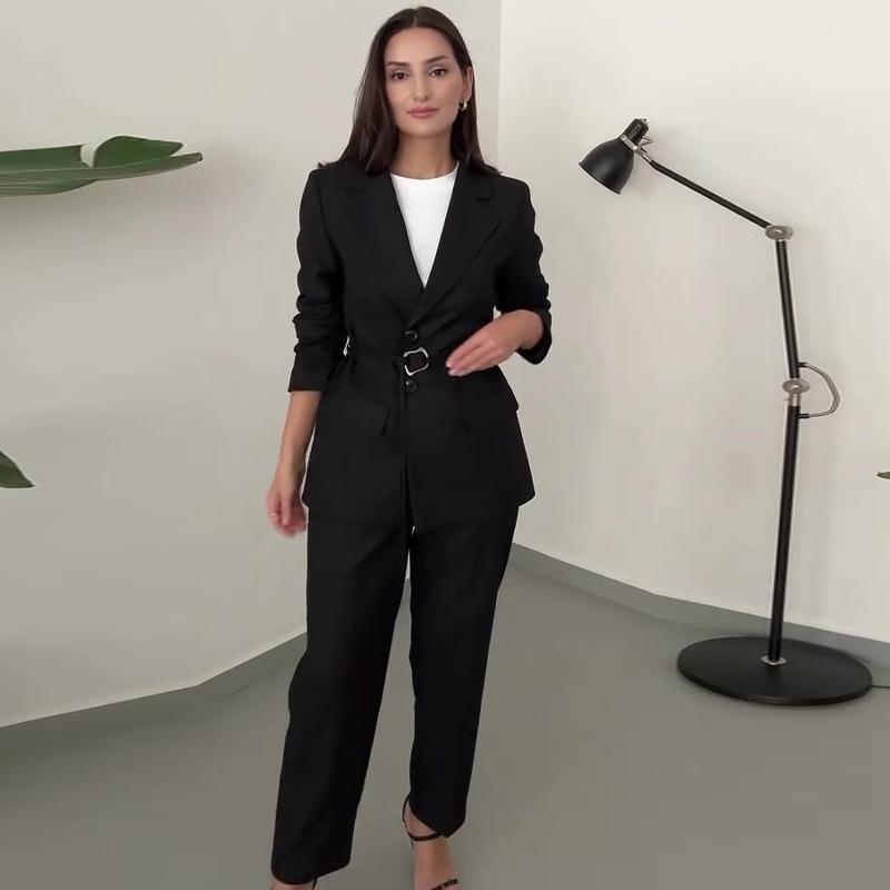2024 Autumn Women's Solid Color Waist-Tie Slim-Fit Blazer & Long Pants Set