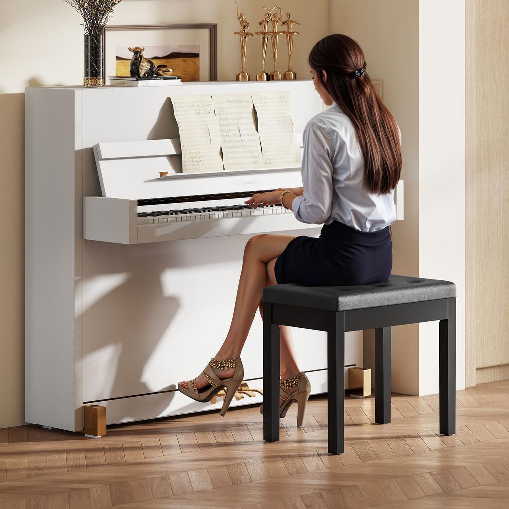 Piano Bench Artificial Leather Upholstery Quilted Buttons Storage Space Wooden Legs Black