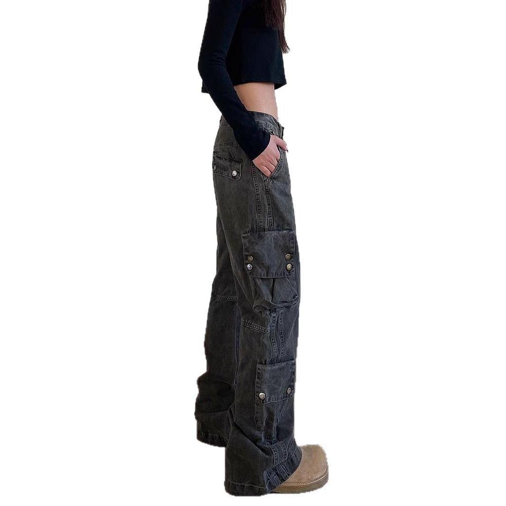 Women's Tie-Dye Distressed Cargo Pants - Versatile Straight-Leg with Slight Flare