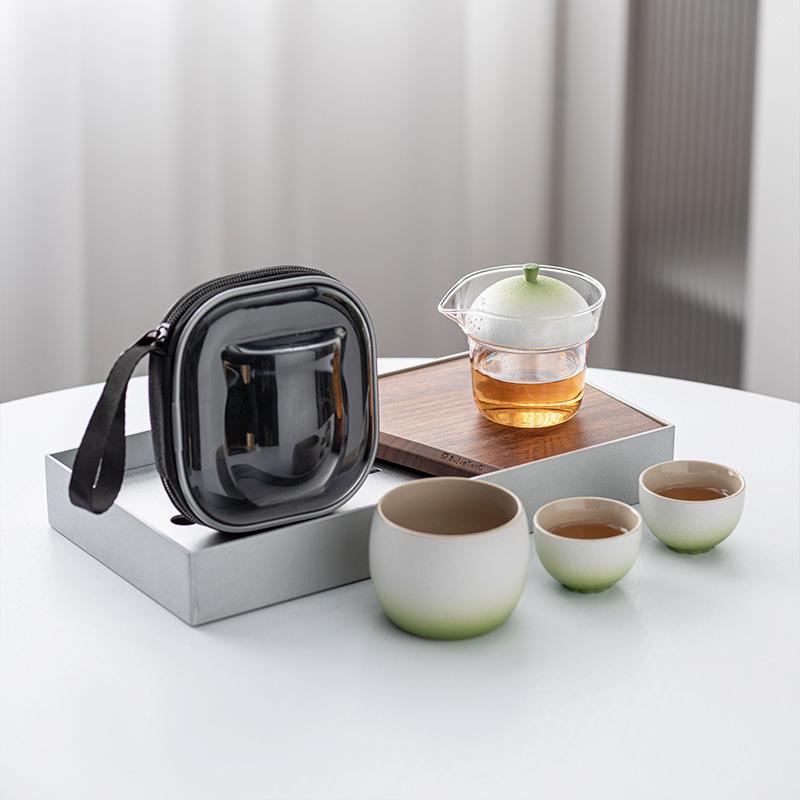 Lime travel tea set, one pot and two cups, Kuaike portable high-end business ceramic tea set, tea cup gift box, gift.
