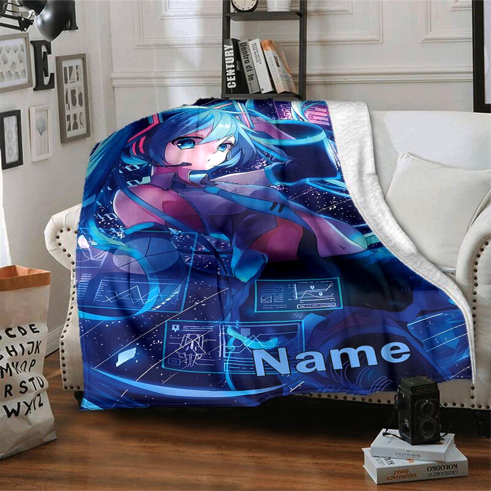 Custom Name Hatsune Miku Theme Printed Blanket - Perfect for Couch, Bed, Travel & Outdoor Use | Machine Washable, Cozy & Durable.