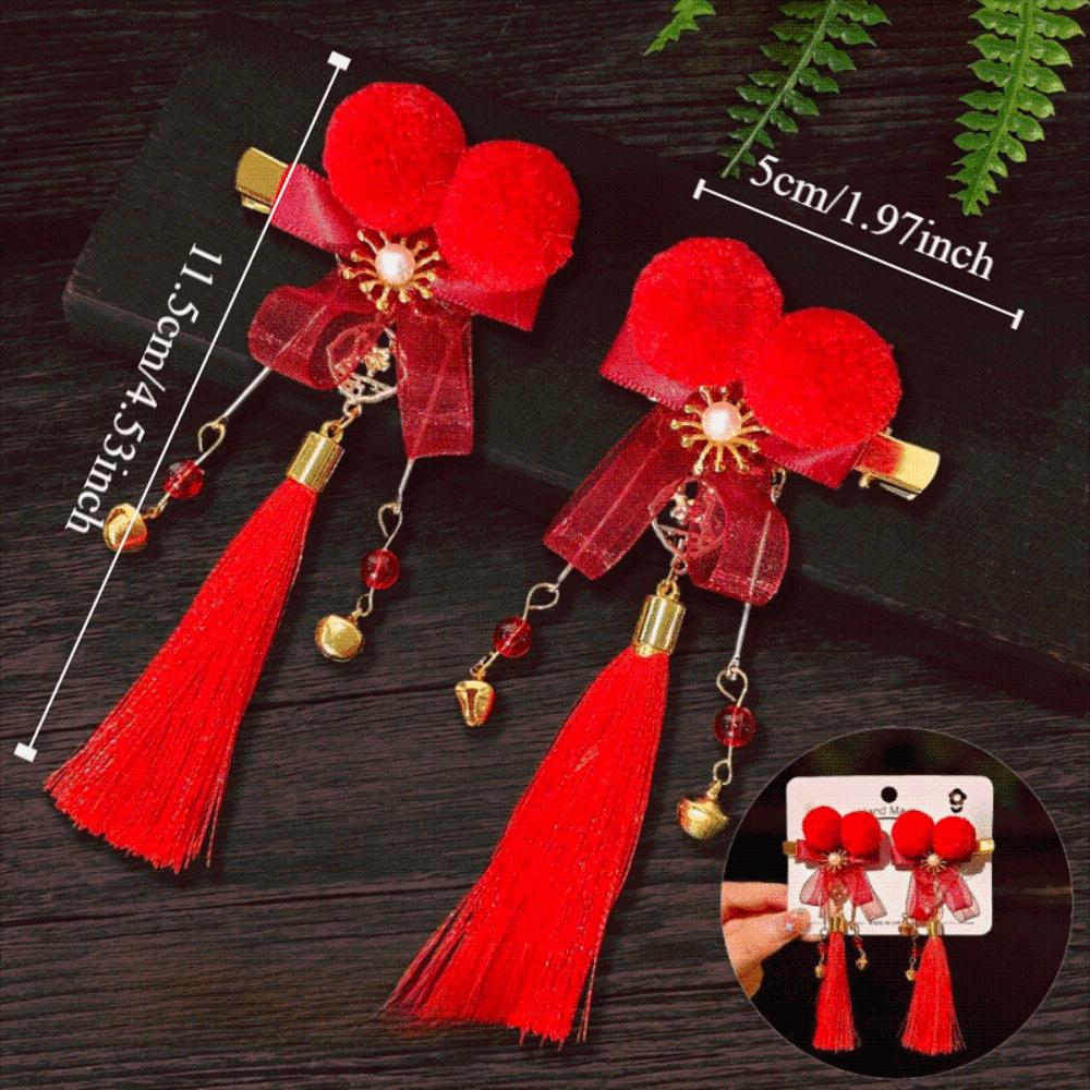 1 Pair Traditional Chinese Style Hanfu Red Hair Clips Flower Pearl New Year Headwear Cute Ancient Bow Tassel Hairpin Children