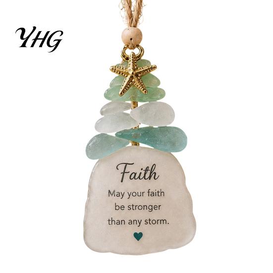 Lightweight Christmas Decorations Sea Glass Tree Ornament, Seaglass Art Hanging Decor with Starfish Charm, Holiday Keepsake Decoration Peace Love Joy
