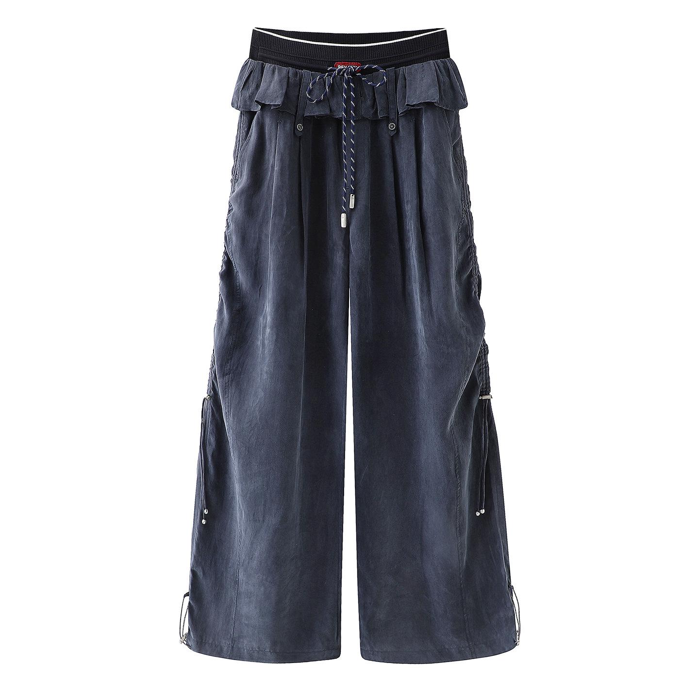 

Women s Spring 2026 Ribbed Ruffled Waist Drawstring Casual Pants RK11301421 - In Stock Small морской синий