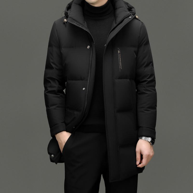 Men's 2024 Winter White Duck Down Hooded Mid-Length Jacket - Detachable, High-End Business Casual Style