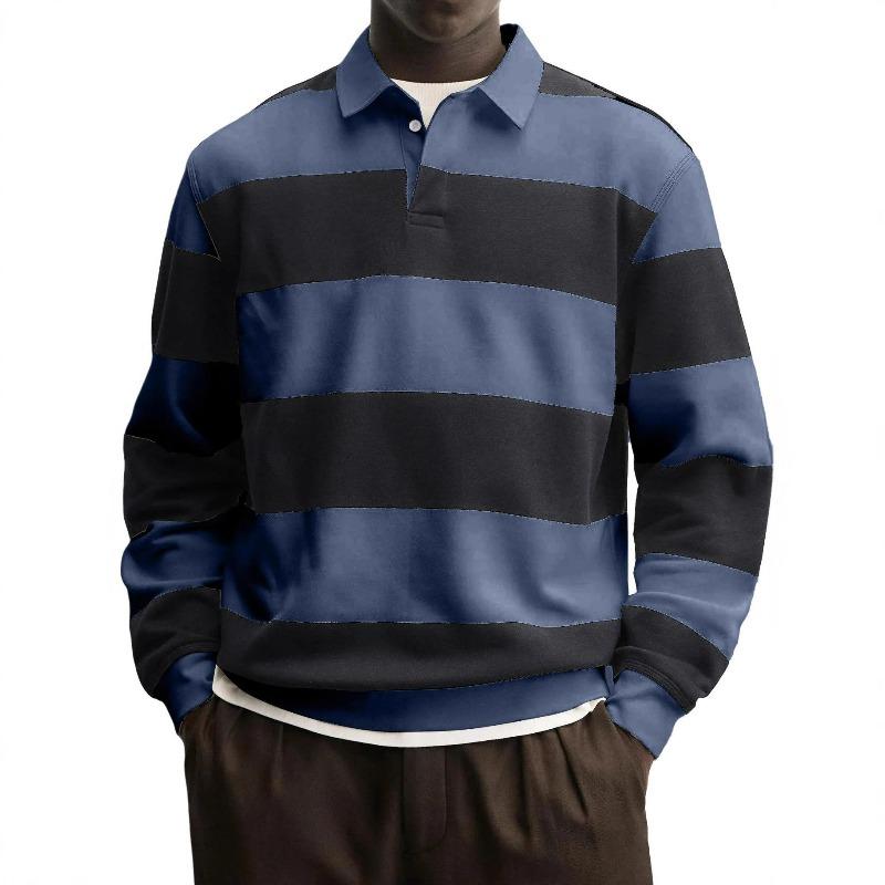 Men's Striped Long Sleeve Polo Shirt Relaxed Fit Turn Down Collar Casual Rugby Style Top