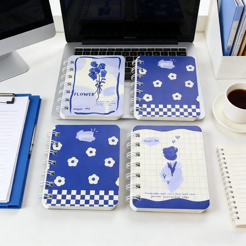 2Pcs Blue Rose Flower Pattern Cartoon A7 Coil Book Pocket Mini Notebook Diary Portable Office Notepad Daily Weekly Planner School Supplies Holiday Gi