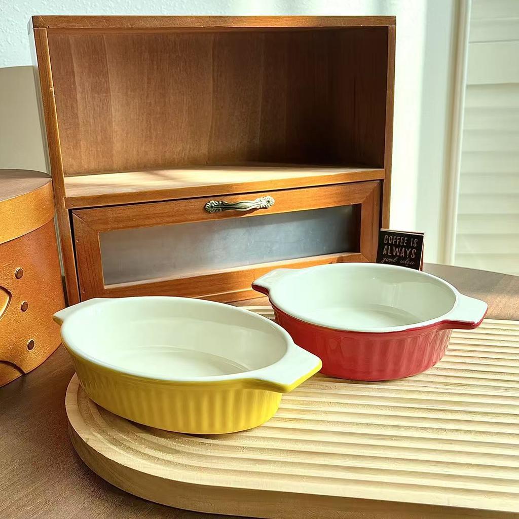 Creative Color Striped Binaural Baking Pan Household Ceramic Microwave Oven Baking Pan Cheese Baked Rice Pan
