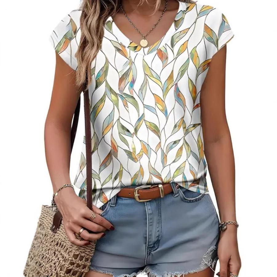 Camiseta vintage para mujer con estampado floral, manga corta, cuello en V, tops cómodos