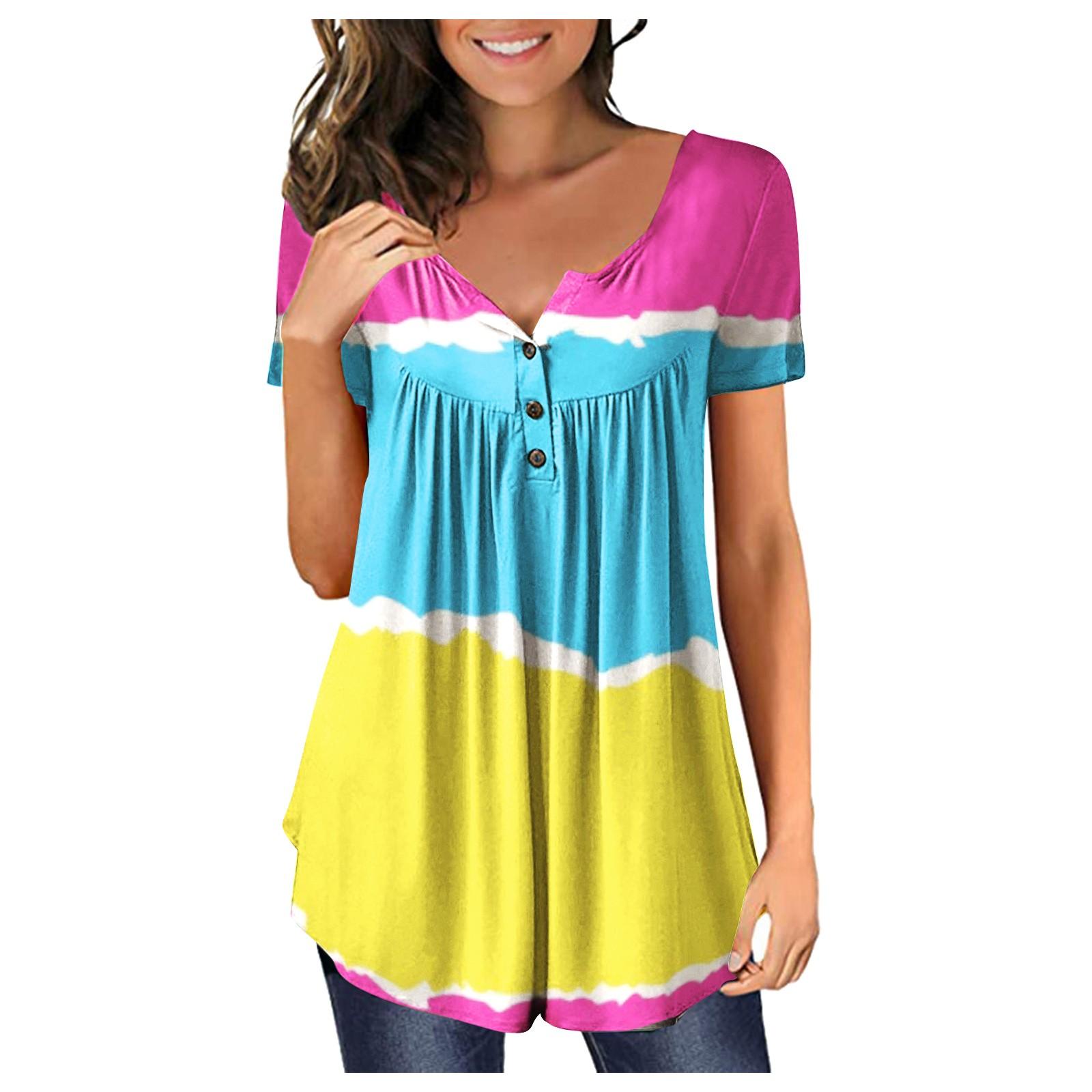 

Women s Short Sleeve Tunic Loose Tops Casual Plus Size Tops Pleated Tunic Button Casual Summer Floral Tie Tops For Women L