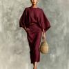 Cotton and Linen Fashion Suit, Bat Sleeve Top, Pocket Split Half-length Skirt, Two-piece Set
