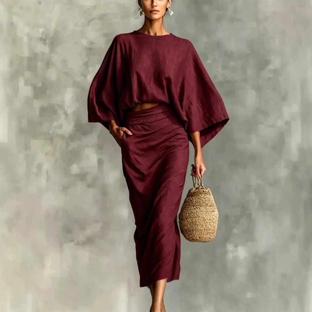 Cotton and Linen Fashion Suit, Bat Sleeve Top, Pocket Split Half-length Skirt, Two-piece Set
