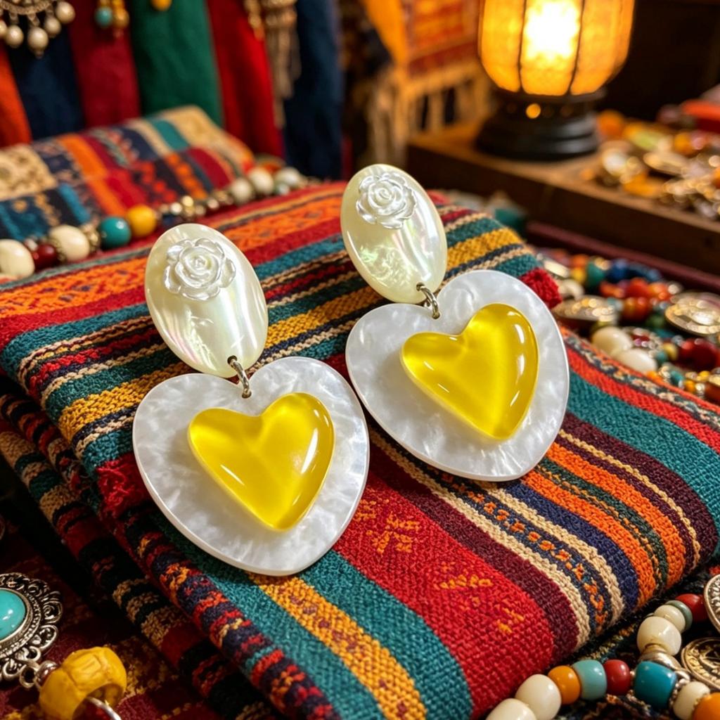 Retro White Rose Oval Shell Yellow Love Contrast Color Heart Shape Temperament Women's Earrings