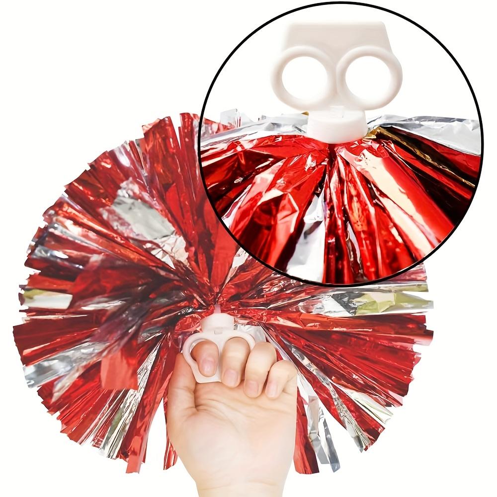 4 PCS (2 Pairs) Metallic Foil & Plastic Cheerleader Pom Poms - with Baton Handles for Sports Party, Dance Team & Cheerleading Spirit (Red/Silver)