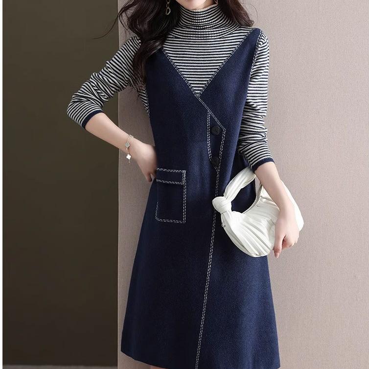 Women's Turtleneck Sweater Dress Autumn and Winter Fake Two-piece Mid-length Knitted Shirt Loose and Fashionable Long-sleeved Pullover