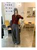 Women's Wine Red Button-Up Henry Collar T-Shirt - Spring/Autumn Waist-Cinching Long Sleeve 2026