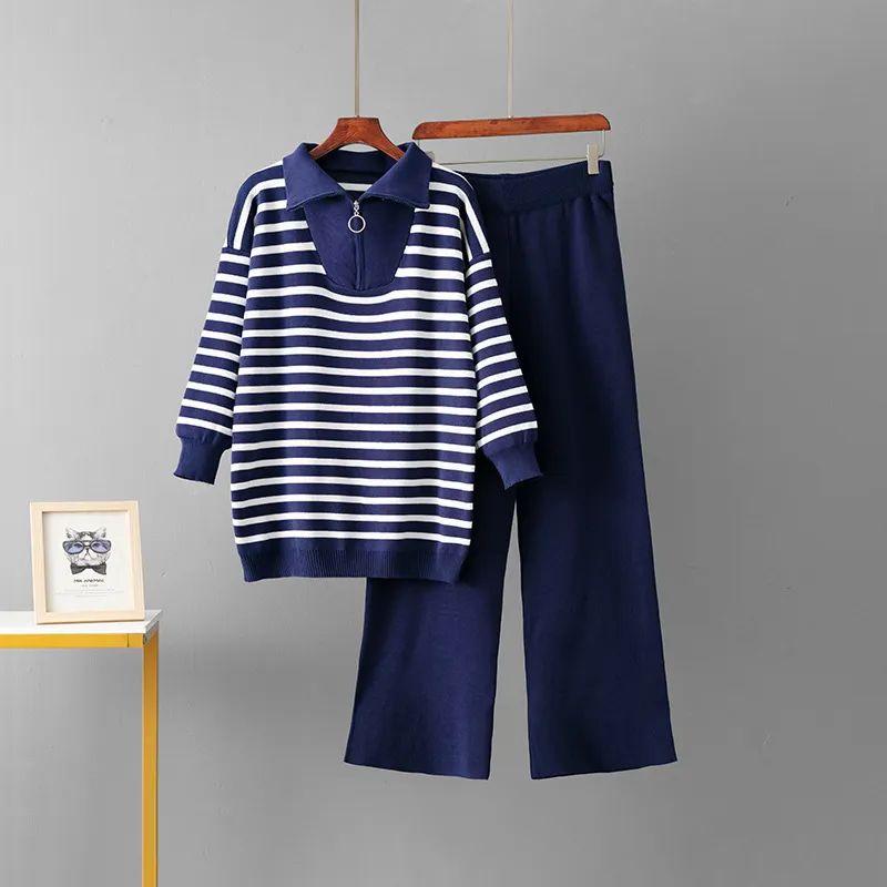 Polo Collar Striped sweater Set Women Autumn and Winter Foreign Trade Loose European and American Fashion Leisure Knit two piece Temu
