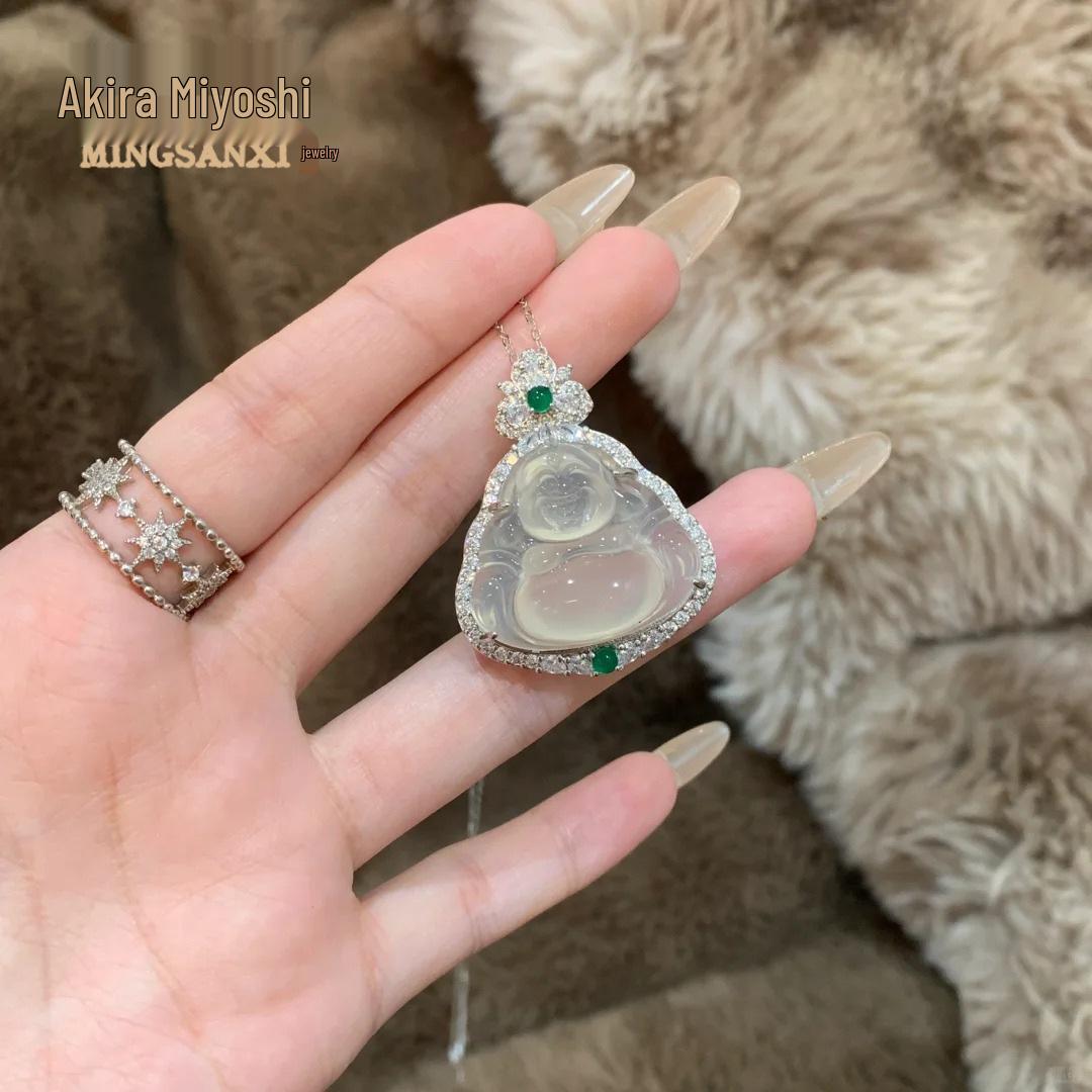 

Iridescent White Chalcedony Buddha Pendant with Jade Maitreya Design