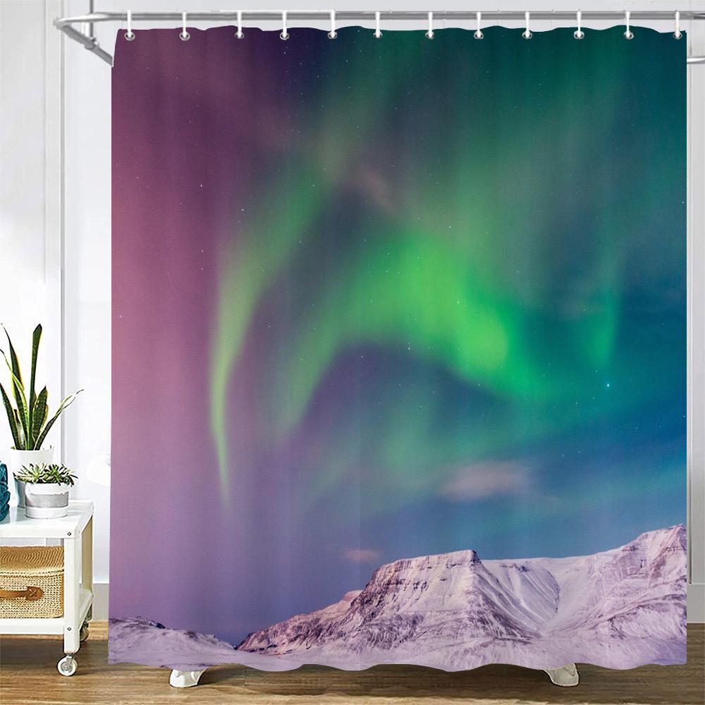 Night Starry Sky Aurora Landscape Fabric Shower Curtain Waterproof Polyester Bathroom Curtains Home Decorate Curtains with Hooks