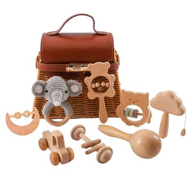 WOODEN TEETHER Rattle Rattle Baby Gift Toy Wooden String Toy Wheelbarrow Baby Toy Set Wooden Toy Unpainted Set of 8 Educational Toys Baby Gift Set