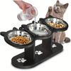 15° geneigter Futternapf für Haustiere mit auslaufsicherem Holzsockel und 3 Edelstahlnäpfen, ideal für Futter und Wasser von Katzen und kleinen Hunden.
