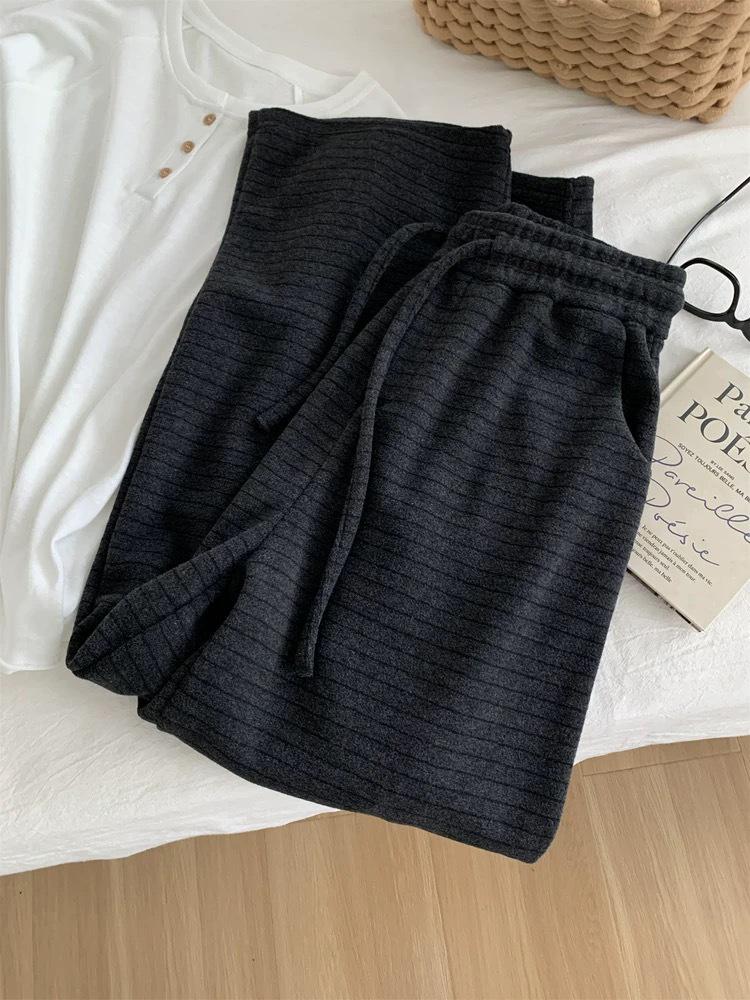 2026 Spring/Autumn Plus Size Korean-Style Striped Wide-Leg Pants - Trendy, Lazy, Thickened, Floor-Length for Women
