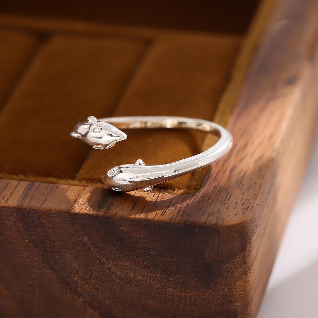 New Popular Exquisite Animal 925 Sterling Silver Jewelry Creative Double Dolphin Hypoallergenic Female Opening Rings  R289