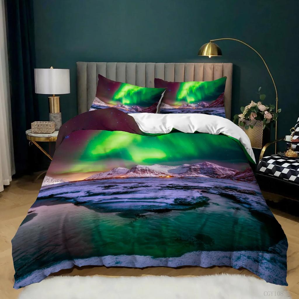 Aurora Borealis Duvet Cover King Queen Pale Weather Over The Hills with Waterfall Creek Nature Landscape Polyester Bedding Set